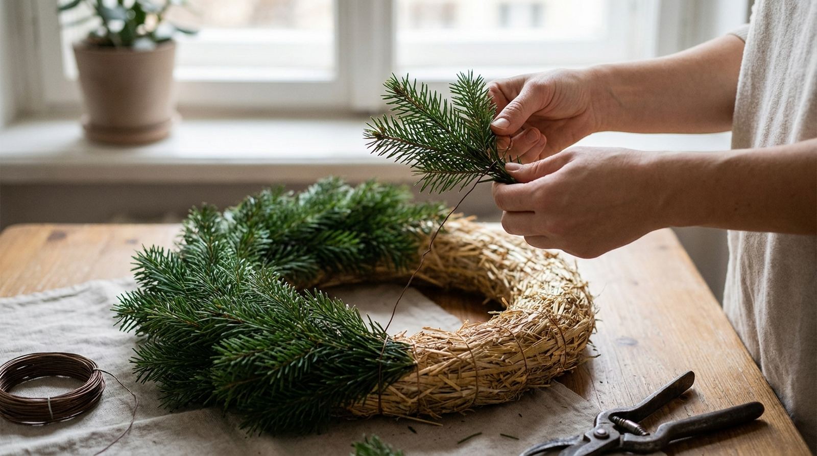 Ruce přivazují větvičku jehličí pomocí drátku na slaměný korpus adventního věnce.