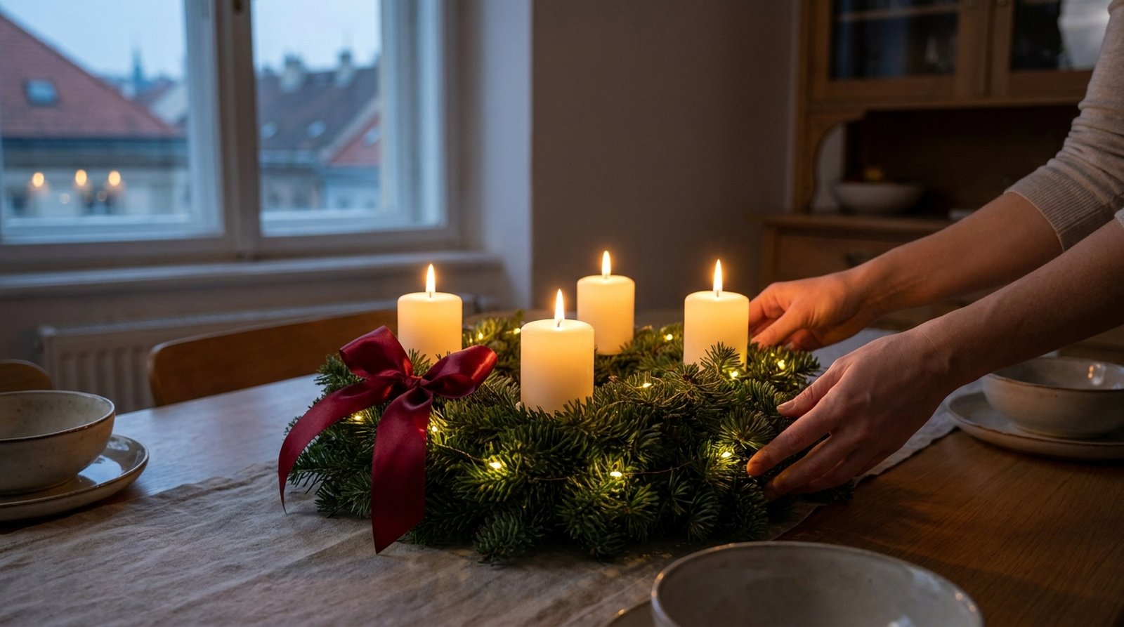 Ruce pokládají adventní věnec se čtyřmi hořícími svíčkami, červenou mašlí a světýlky na dřevěný stůl.